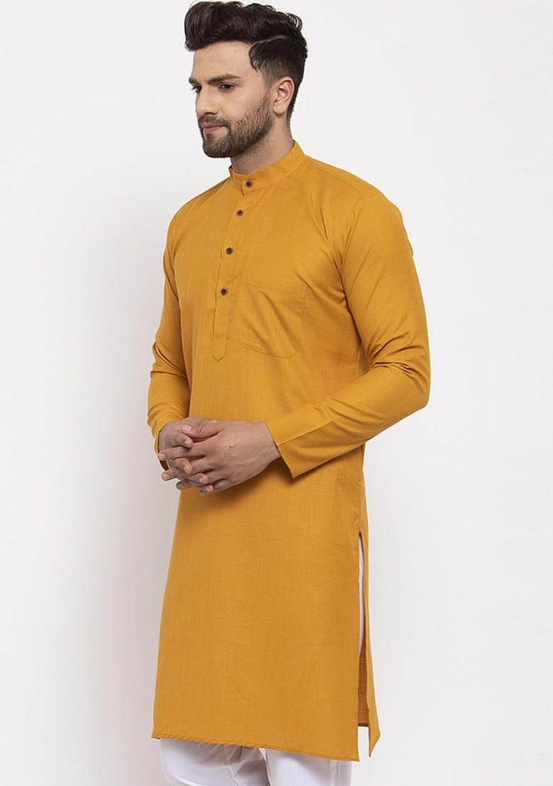 Mustard Yellow Embroidered Poly Blend Kurta For Men
