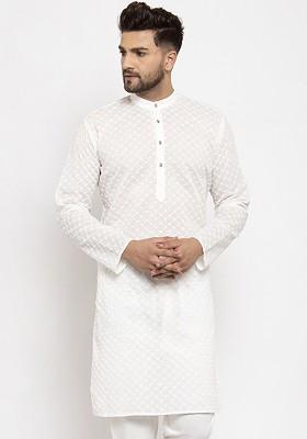 Cream Woven Design Poly Blend Kurta For Men