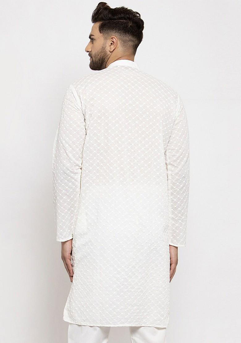 Cream Woven Design Poly Blend Kurta For Men