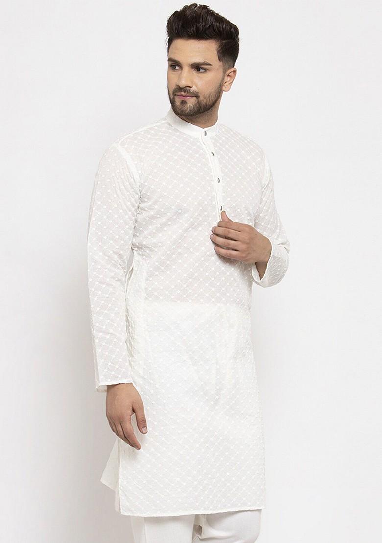 Cream Woven Design Poly Blend Kurta For Men