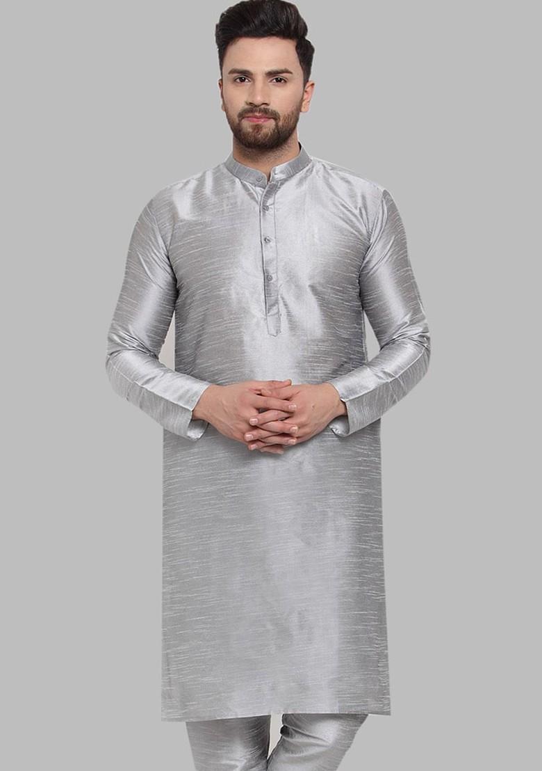 Silver Embroidered Poly Blend Kurta For Men
