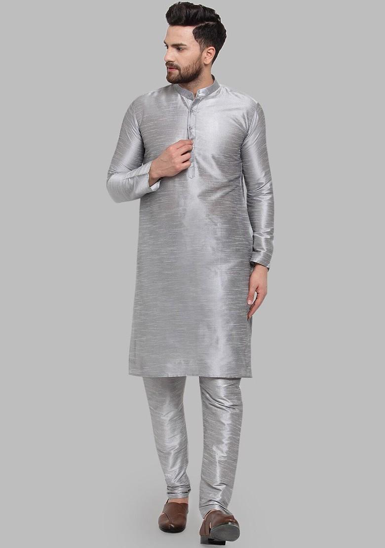 Silver Embroidered Poly Blend Kurta For Men