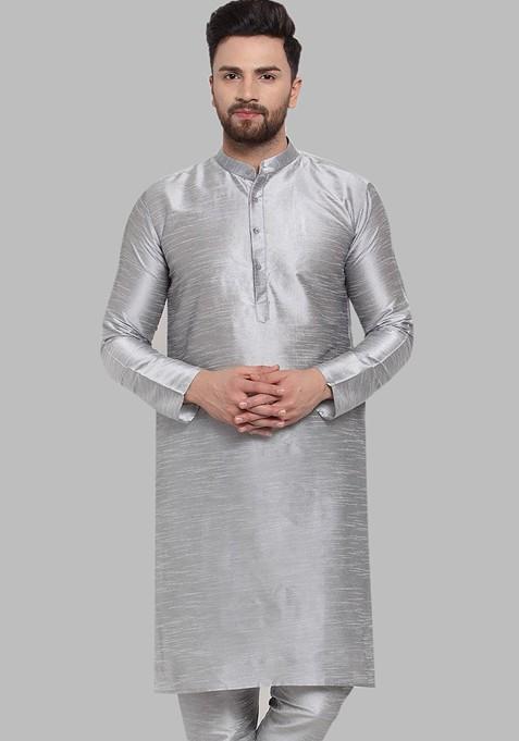 Silver Embroidered Poly Blend Kurta For Men — view on Indya