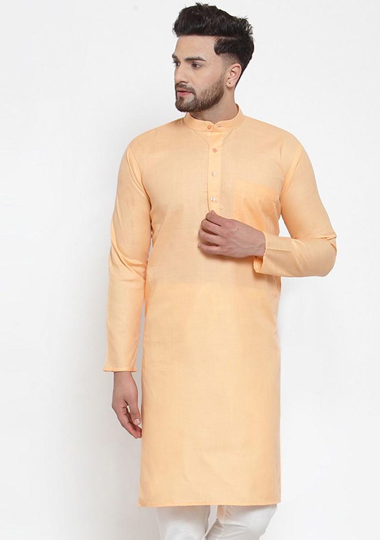 Beige Embroidered Poly Blend Kurta For Men
