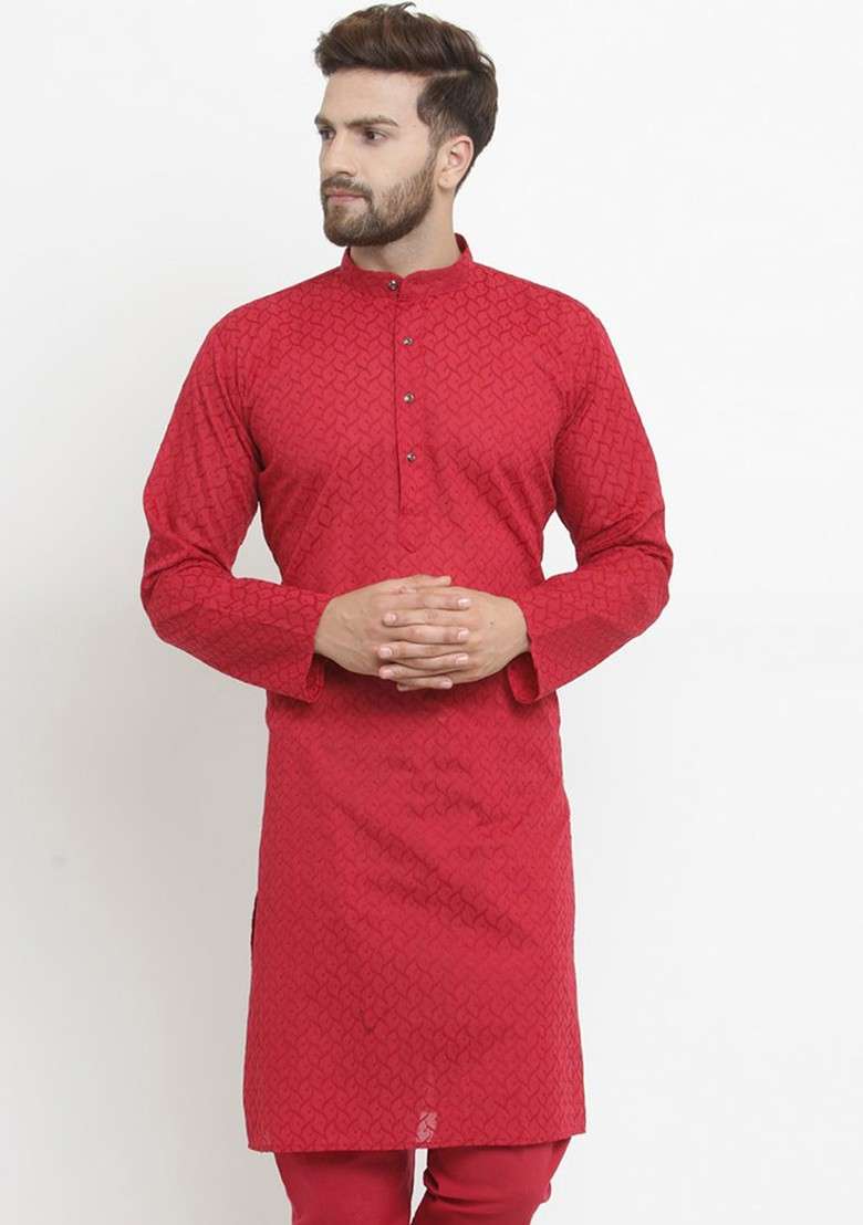 Maroon Woven Design Poly Blend Kurta For Men - Indya