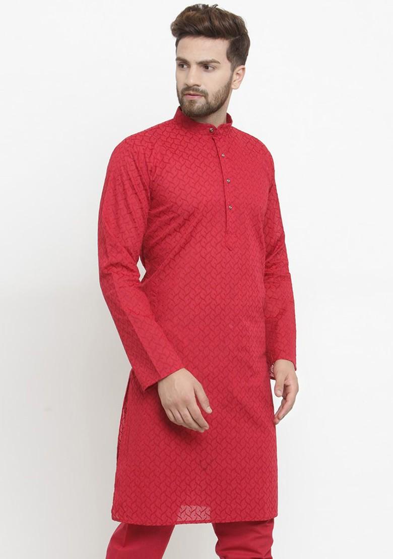 Maroon Woven Design Poly Blend Kurta For Men