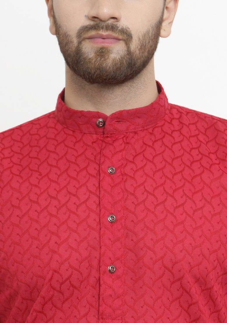 Maroon Woven Design Poly Blend Kurta For Men - Indya