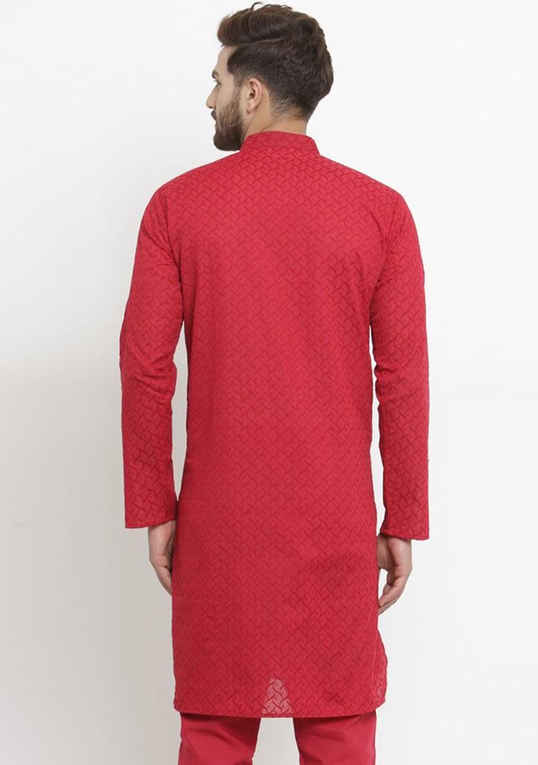 Maroon Woven Design Poly Blend Kurta For Men