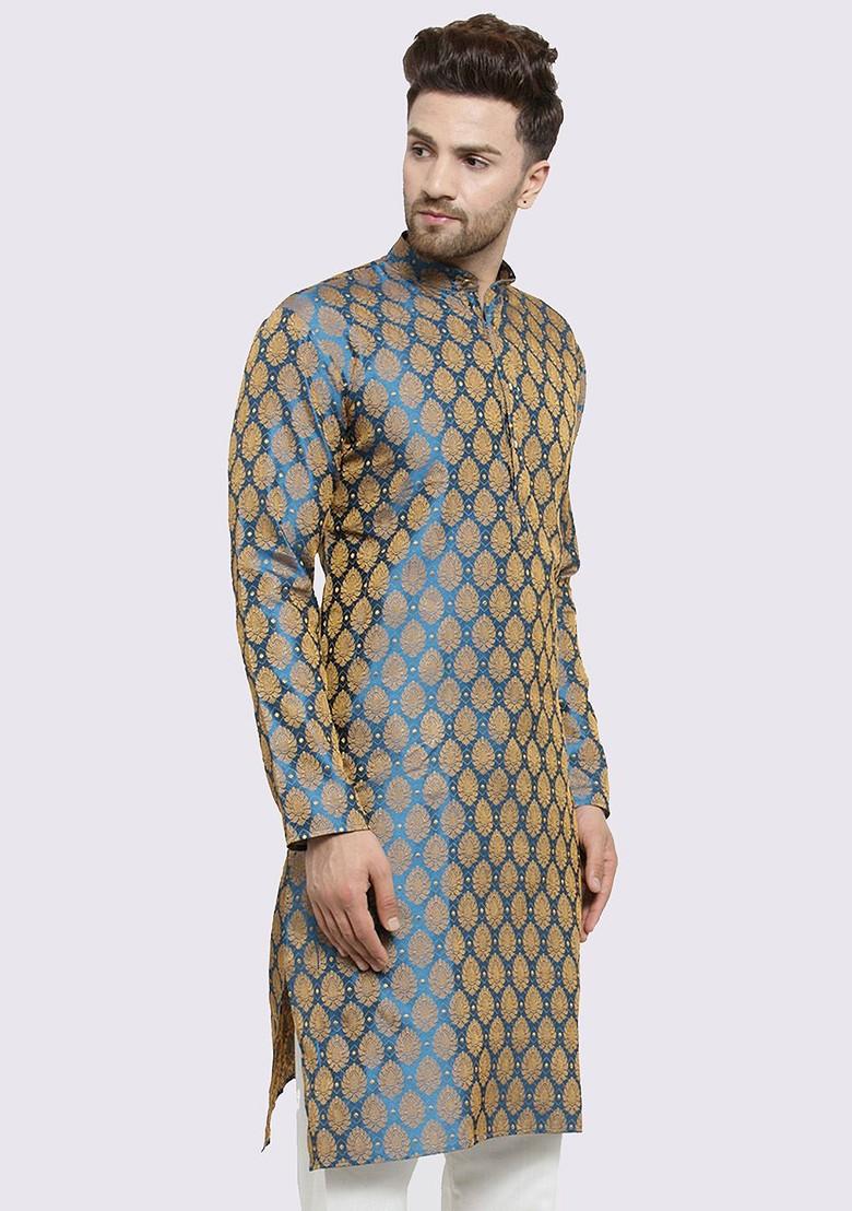 Teal Blue Woven Design Poly Blend Kurta For Men
