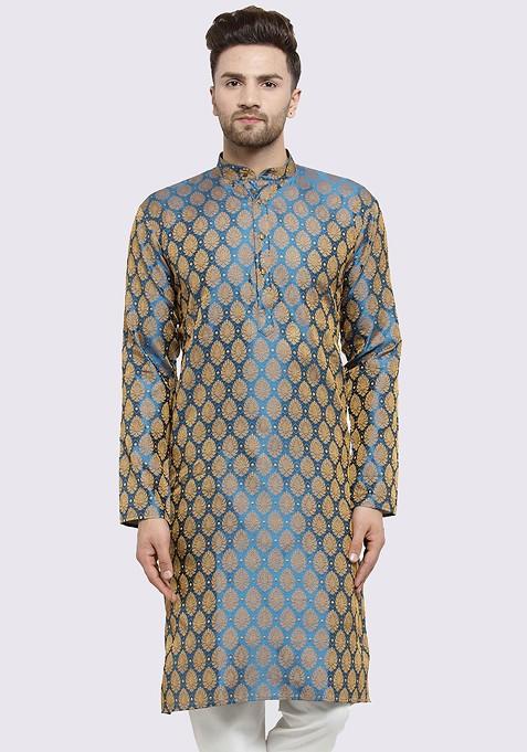 Teal Blue Woven Design Poly Blend Kurta For Men — view on Indya
