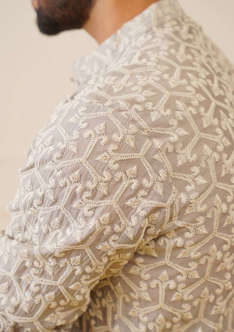 Grey Embroidered Poly Blend Kurta For Men - Indya