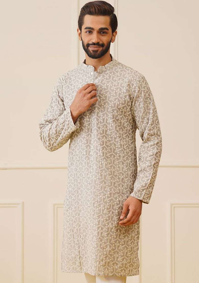 Grey Embroidered Poly Blend Kurta For Men - Indya