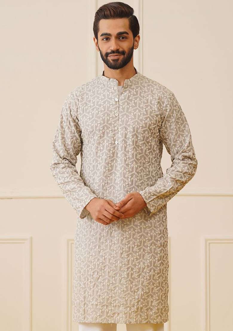 Grey Embroidered Poly Blend Kurta For Men - Indya