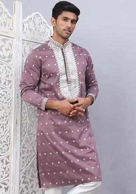 Mauve Embroidered Poly Blend Kurta For Men