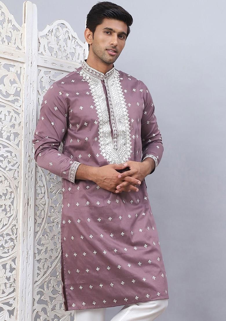 Mauve Embroidered Poly Blend Kurta For Men