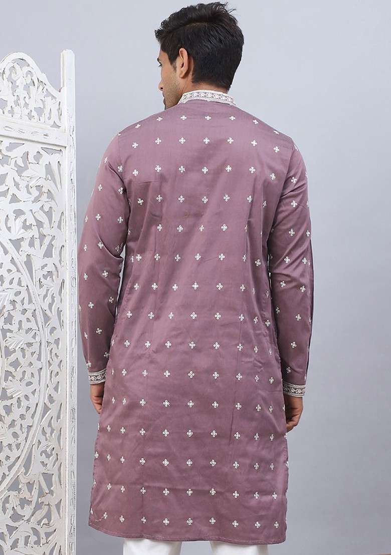 Mauve Embroidered Poly Blend Kurta For Men - Indya