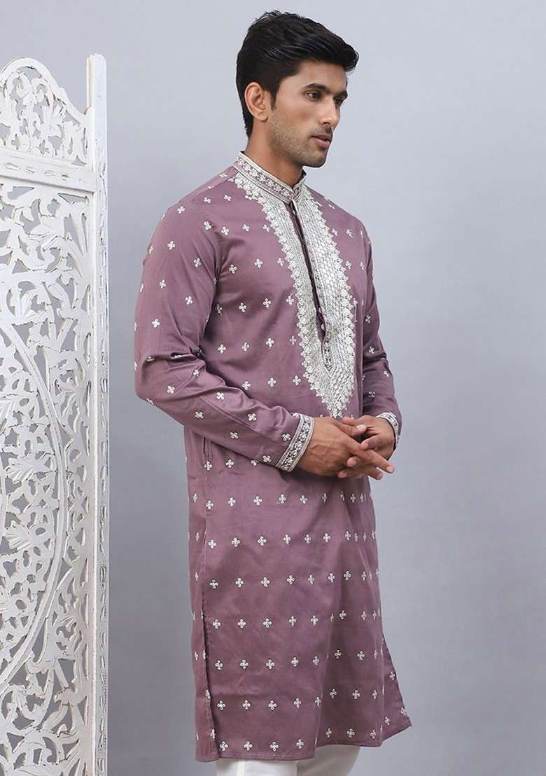 Mauve Embroidered Poly Blend Kurta For Men - Indya