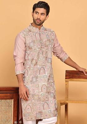 Peach Embroidered Poly Blend Kurta For Men