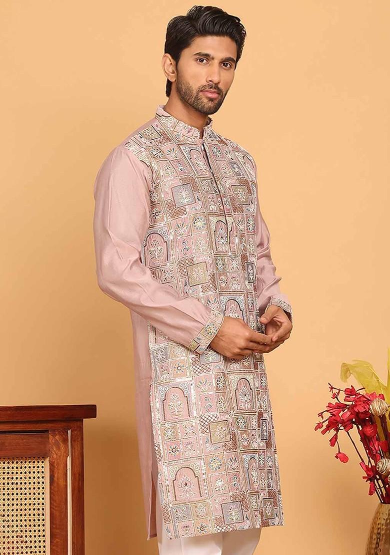 Peach Embroidered Poly Blend Kurta For Men
