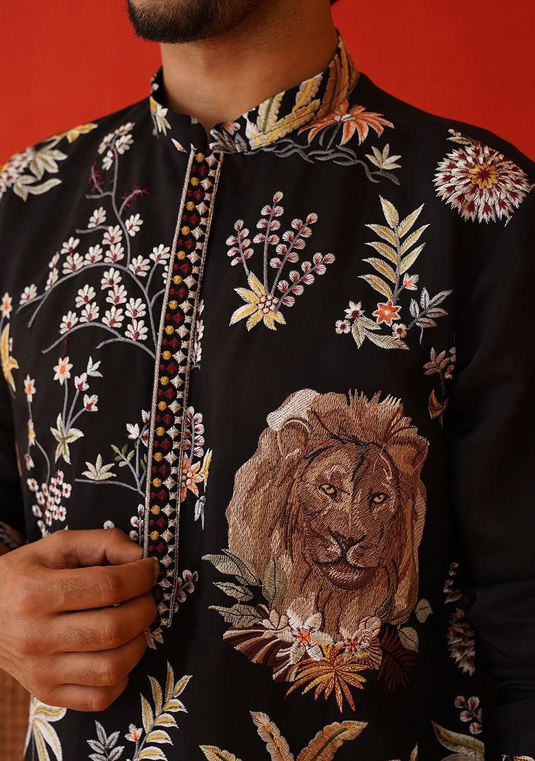 Brown Embroidered Poly Blend Kurta For Men
