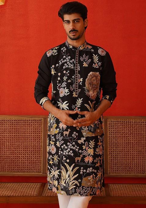 Brown Embroidered Poly Blend Kurta For Men