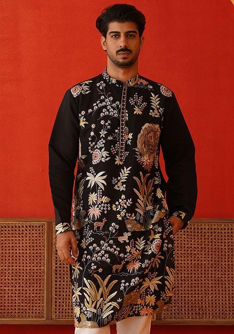 Brown Embroidered Poly Blend Kurta For Men