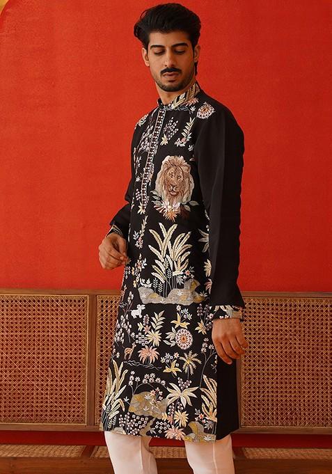 Brown Embroidered Poly Blend Kurta For Men