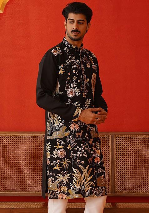 Brown Embroidered Poly Blend Kurta For Men