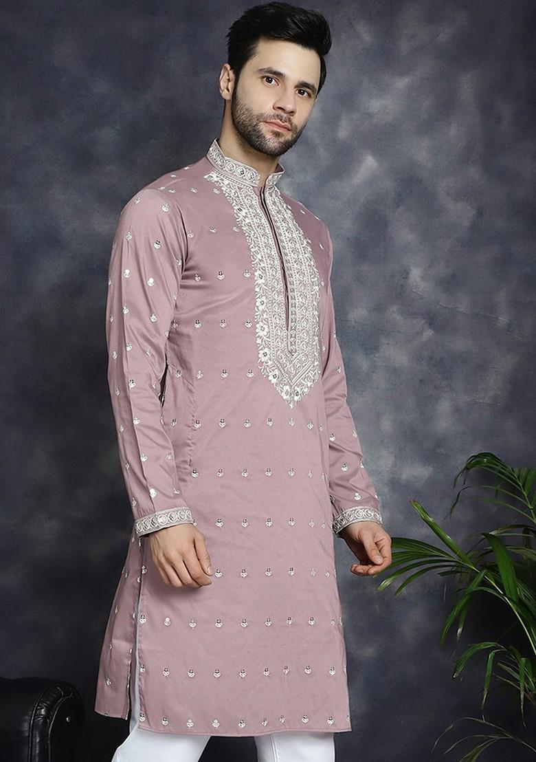 Magenta Embroidered Poly Blend Kurta For Men