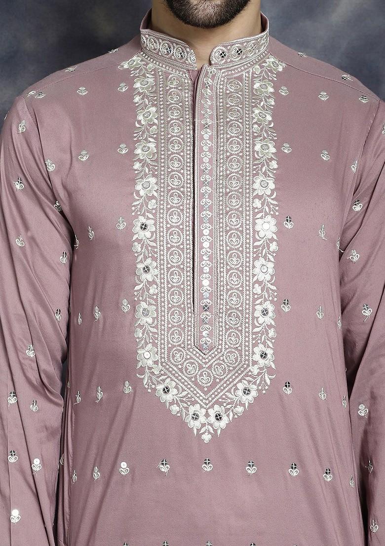 Magenta Embroidered Poly Blend Kurta For Men