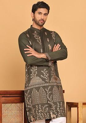 Olive Embroidered Poly Blend Kurta For Men