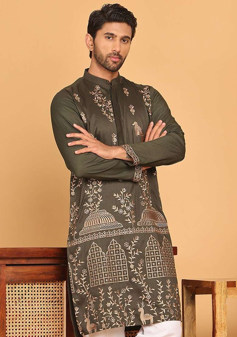 Olive Embroidered Poly Blend Kurta For Men - Indya