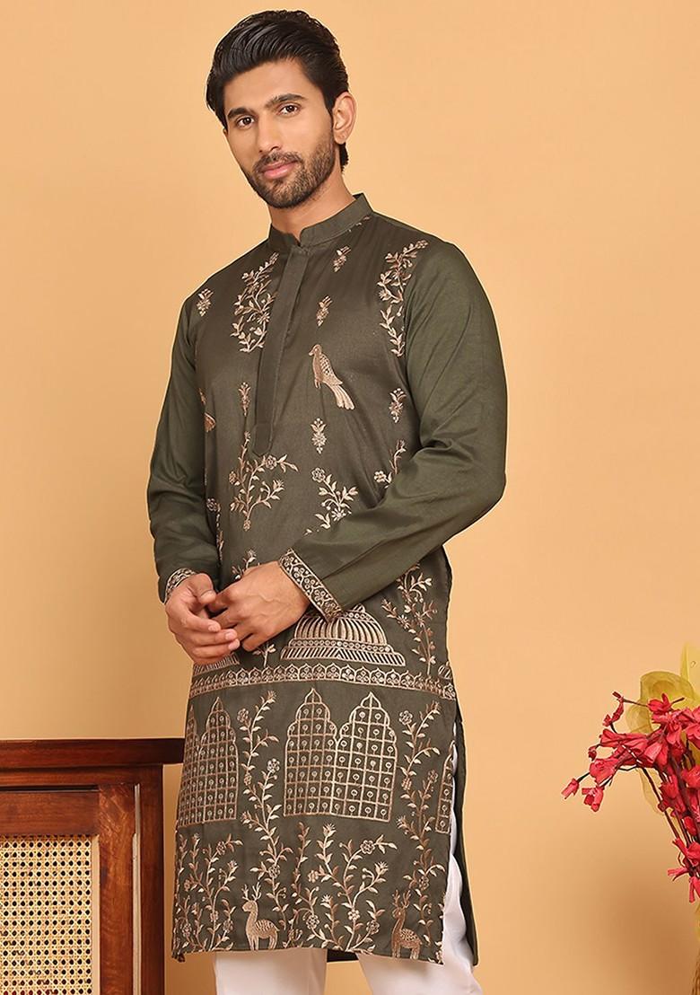 Olive Embroidered Poly Blend Kurta For Men