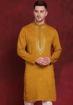 Mustard Yellow Embroidered Poly Blend Kurta For Men