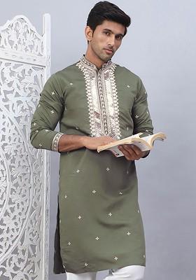 Olive Embroidered Poly Blend Kurta For Men