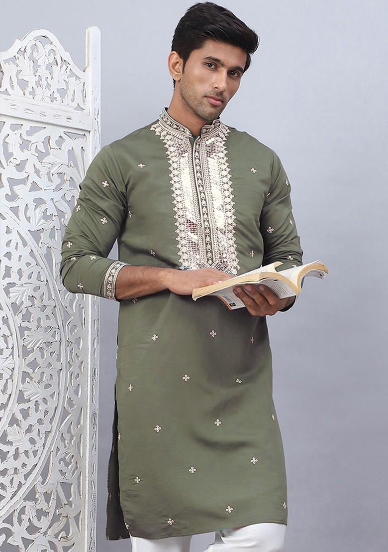 Olive Embroidered Poly Blend Kurta For Men