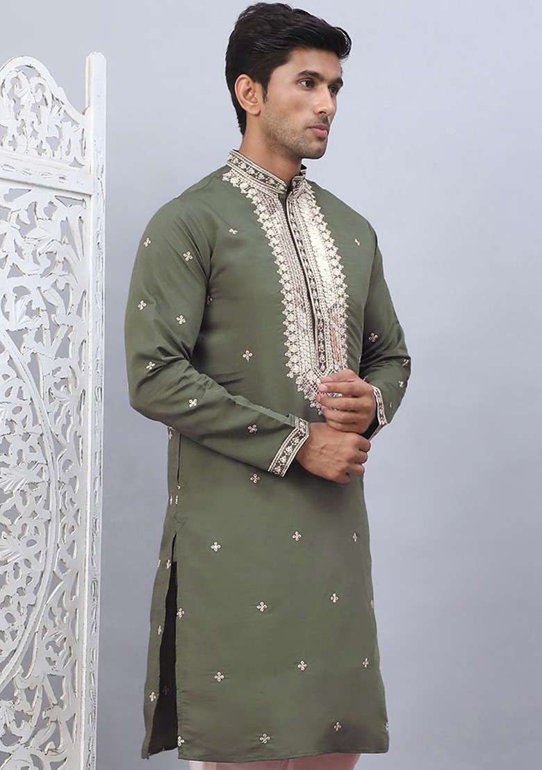 Olive Embroidered Poly Blend Kurta For Men - Indya