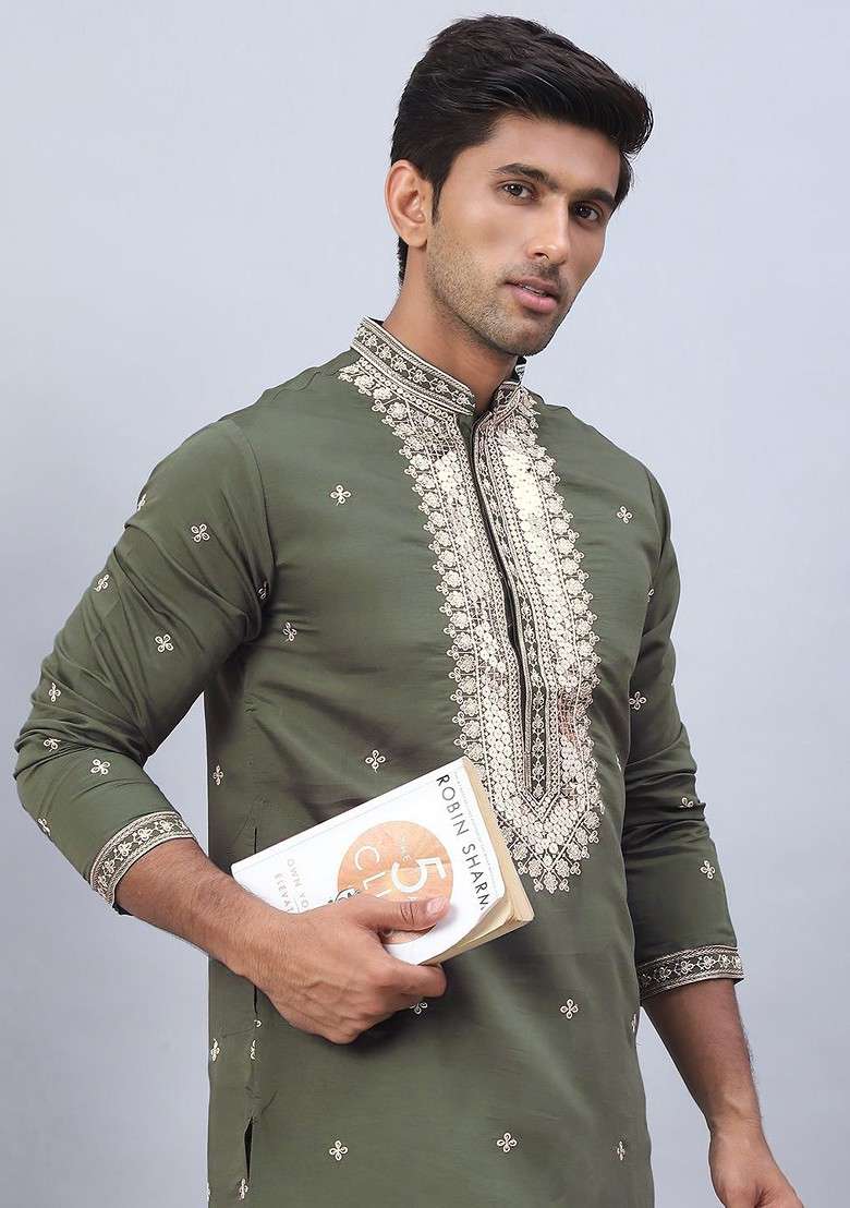 Olive Embroidered Poly Blend Kurta For Men - Indya