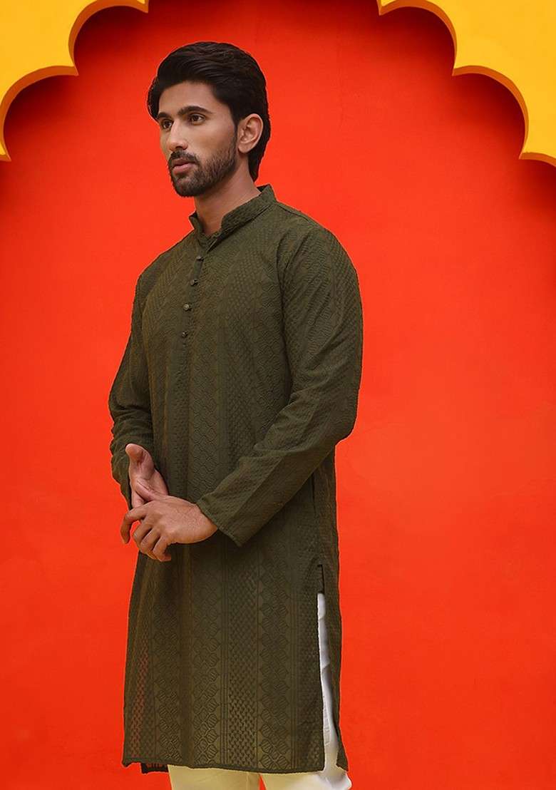 Olive Embroidered Poly Blend Kurta For Men - Indya