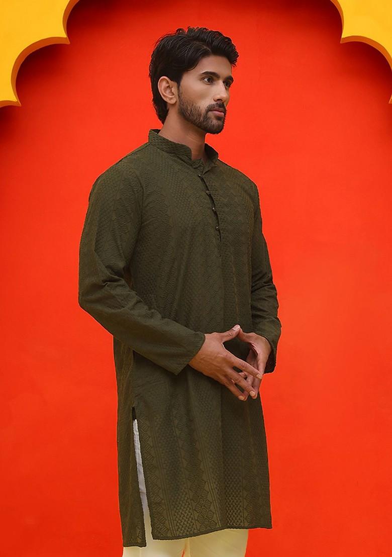 Olive Embroidered Poly Blend Kurta For Men