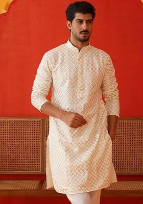 Cream Embroidered Poly Blend Kurta For Men