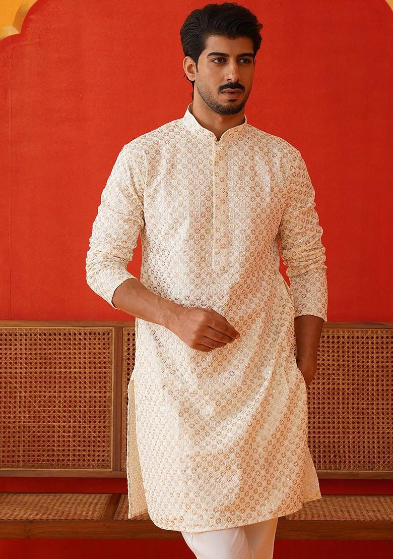 Cream Embroidered Poly Blend Kurta For Men