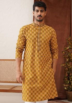 Mustard Yellow Embroidered Poly Blend Kurta For Men