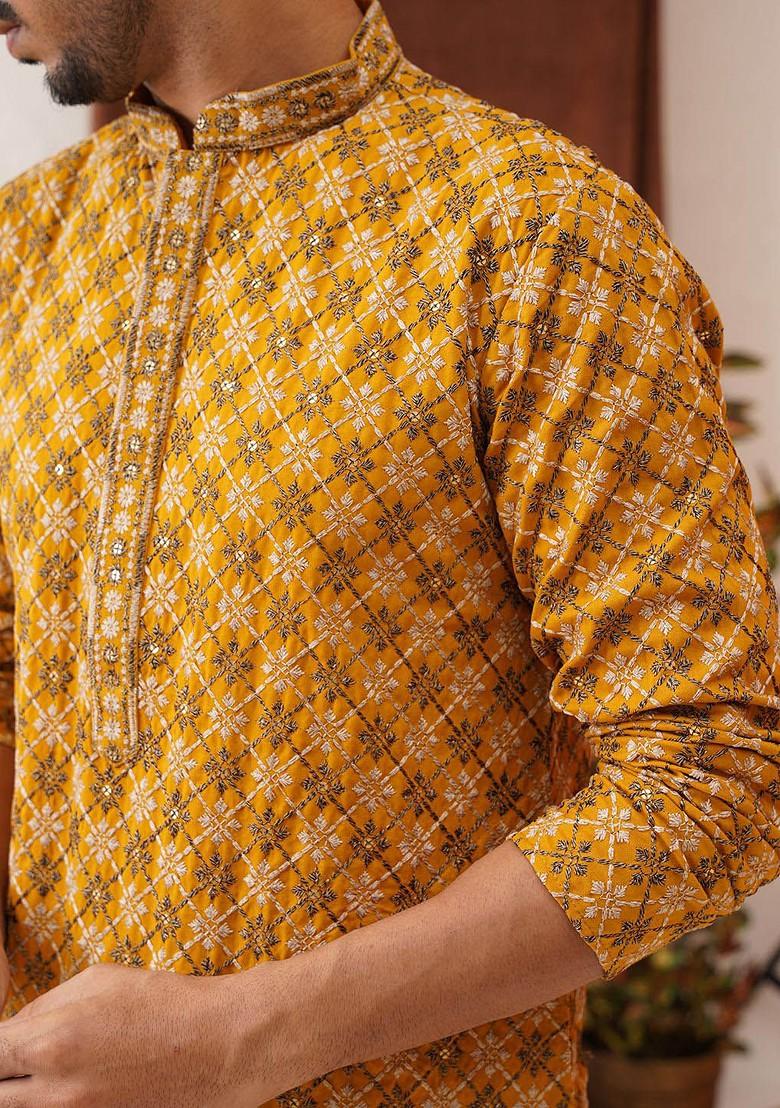 Mustard Yellow Embroidered Poly Blend Kurta For Men
