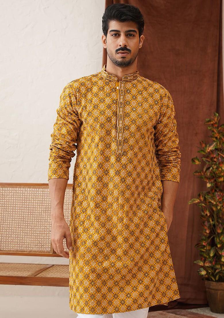 Mustard Yellow Embroidered Poly Blend Kurta For Men