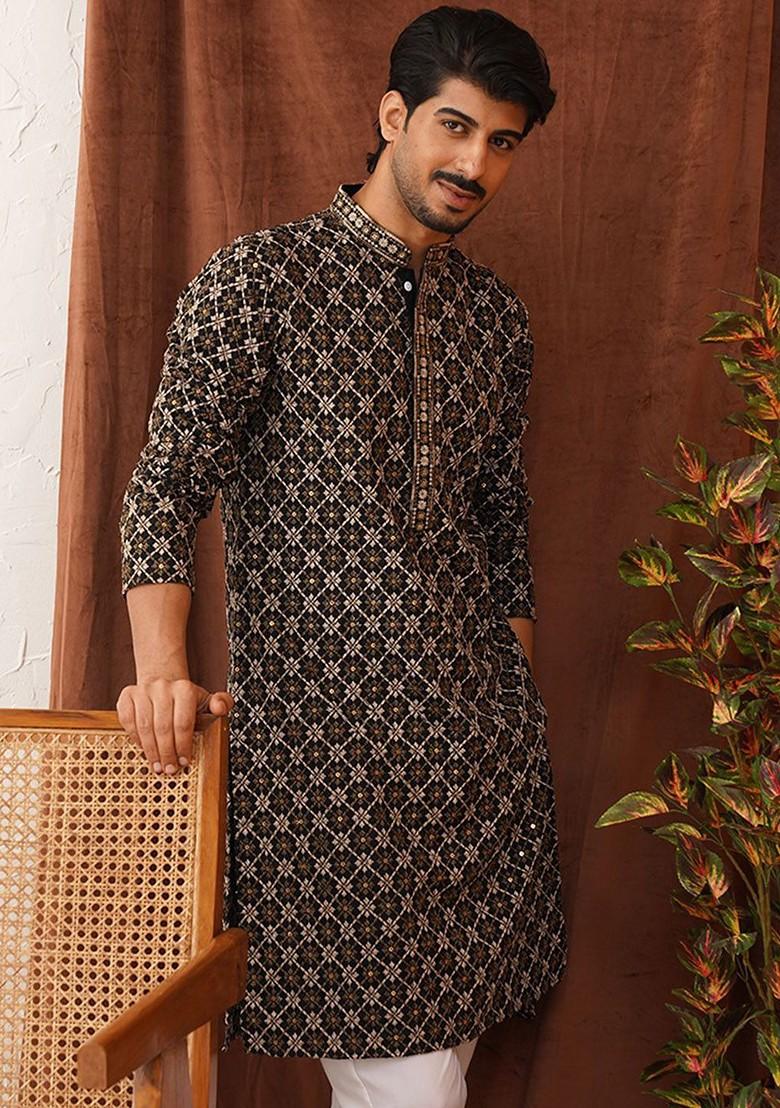 Black Embroidered Poly Blend Kurta For Men