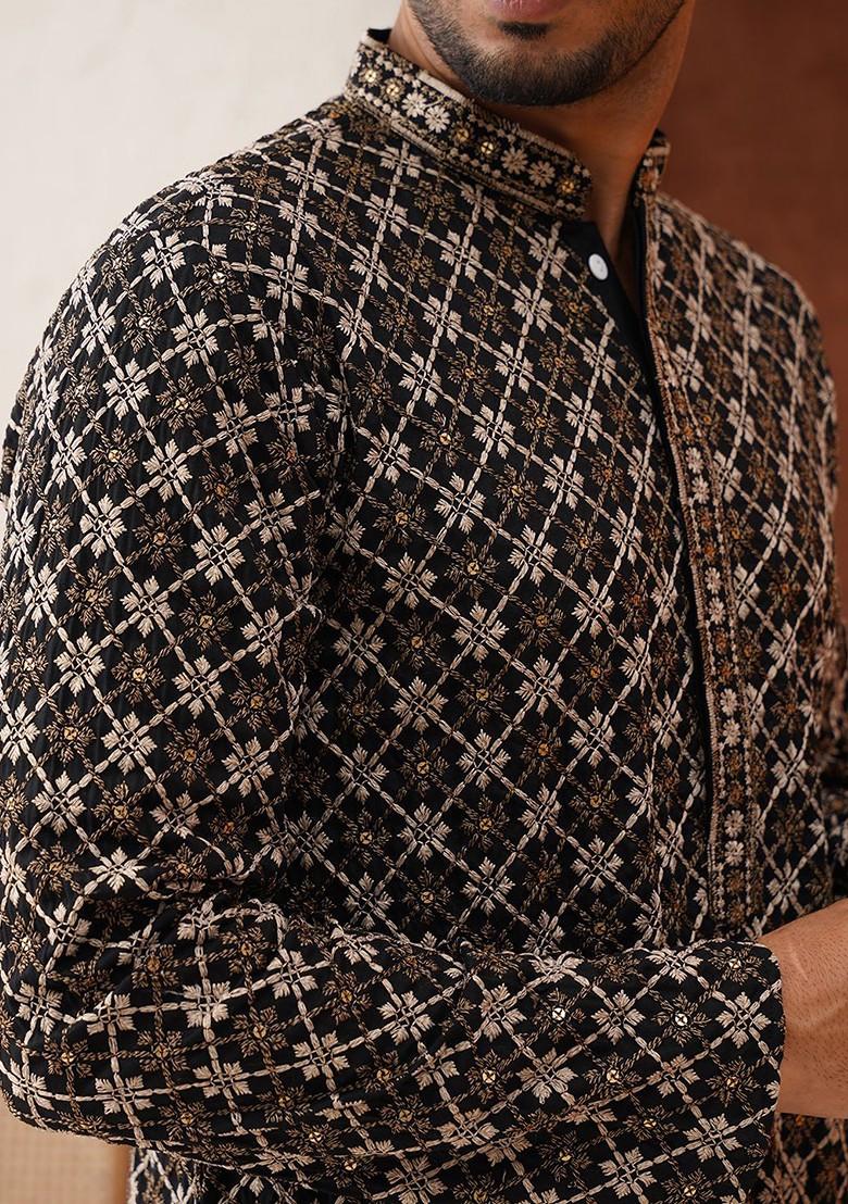 Black Embroidered Poly Blend Kurta For Men