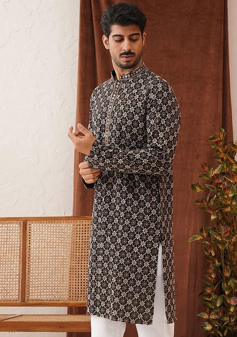 Black Embroidered Poly Blend Kurta For Men