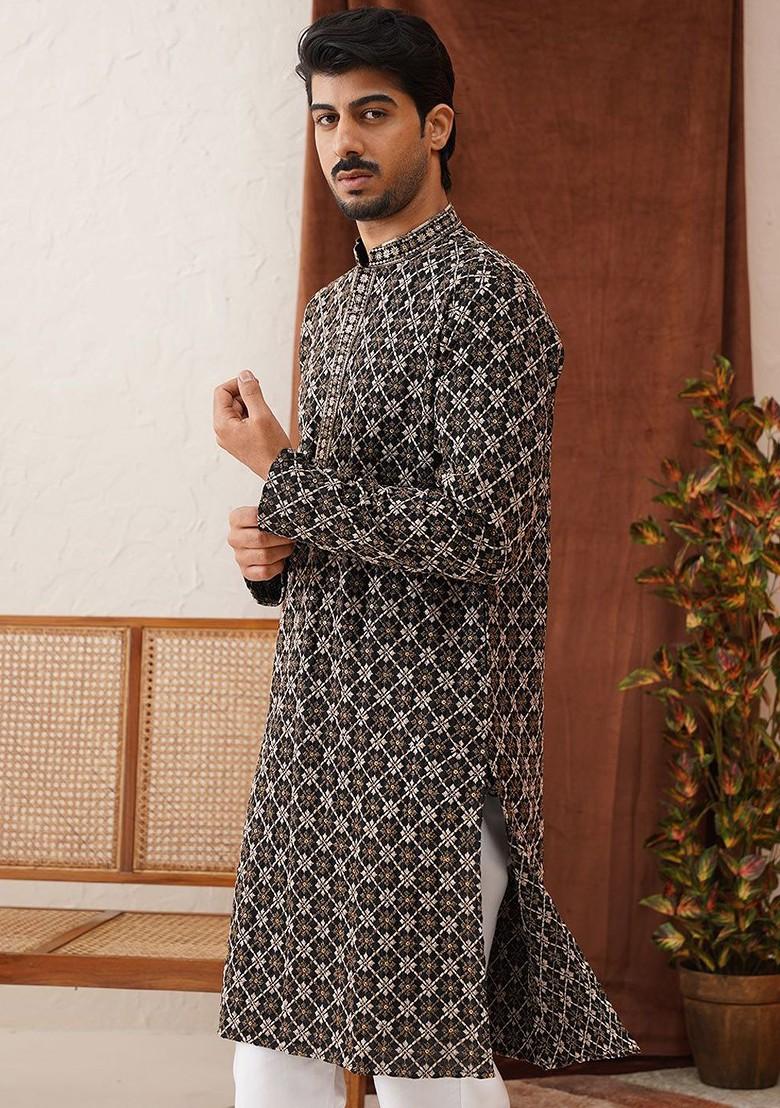 Black Embroidered Poly Blend Kurta For Men