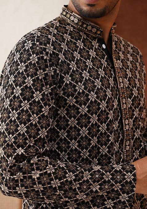 Black Embroidered Poly Blend Kurta For Men